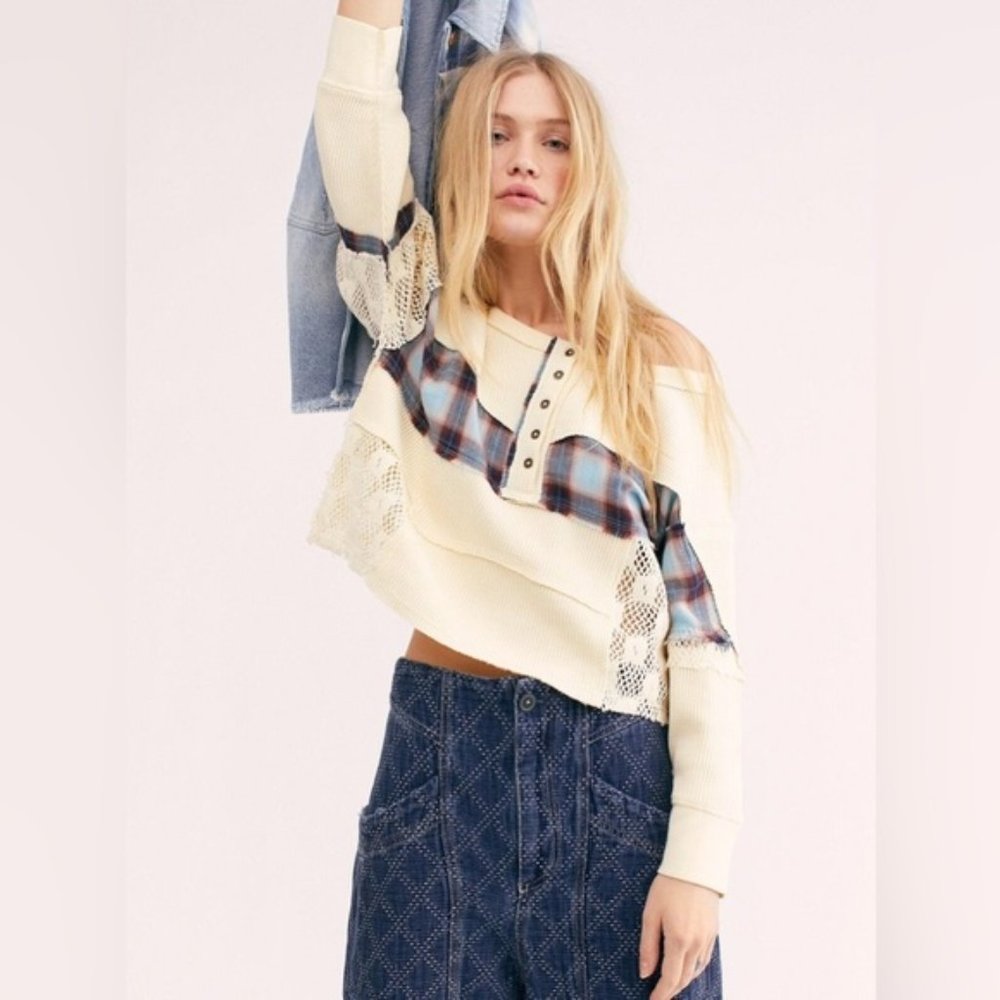 Free People Nina Plaid Henley Top Size Medium